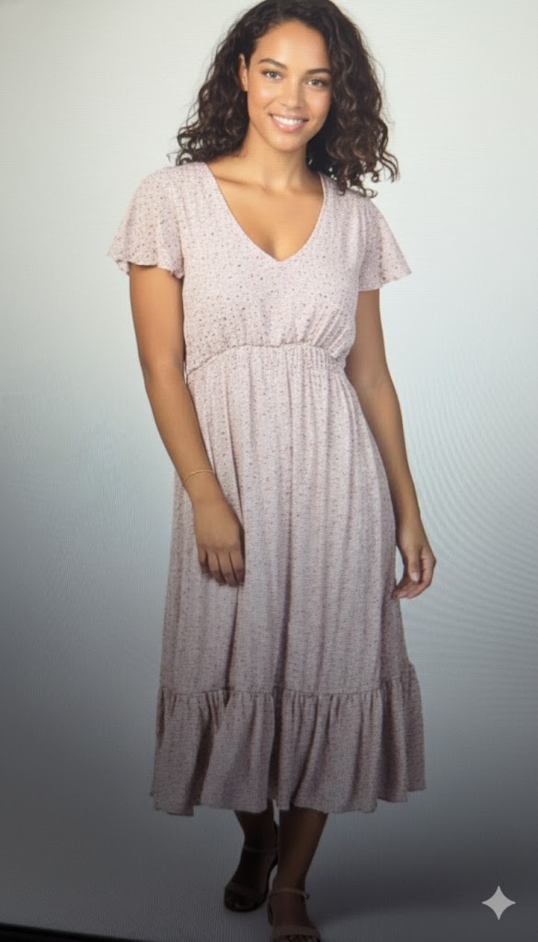 Pink blush flowing dress large
Prairie muted pink print flutter sleeve B 39" EUC